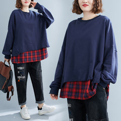 False Two Plaid Split-Joint Loose Sweatshirt