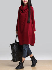 Women High Neck Loose Slim Long Sleeve Dress