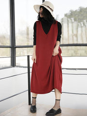 Elegant Solid Knitting V-neck Vest Dress