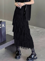 H-Line Roomy Elasticity Pleated Pure Color Tasseled Skirts