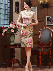 Peony-print Split-side Short Cheongsam Dress