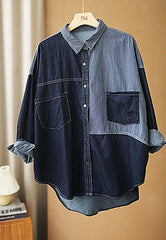 Loose Irregular Stripe Stitching Lapel Collar Blouses