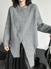 Asymmetric Pure Color Zipper High-low Long Sleeves Round-neck Sweater Tops Pullovers
