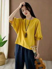 Loose Solid Round-neck Ramie T-shirt