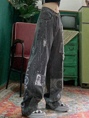 Hip-Hop Stylish Printed Denim Loose Pants
