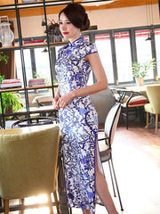 Blue and White Pattern Split-side Long Cheongsam