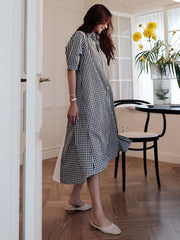 Summer Plaid Split-joint Stand-collar Long Dress