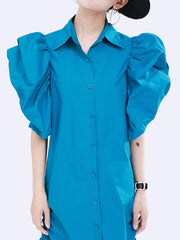 Puff Sleeve Loose Pleated Lapel Casual Dress