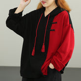 Retro Long Sleeve Drawstring Color Block Sweatshirt