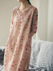 Vintage Loose Ramie Printed V-Neck Midi Dress