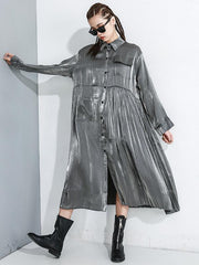 Loose Solid Splicing Asymmetric Lapel Midi Dress