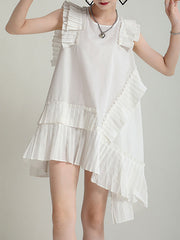 Asymmetric Pleated Pure Color Split-Joint Flying Sleeves Roomy Round-Neck Midi Dresses