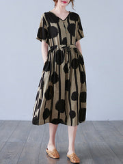 Retro Printed V-Neck Short Sleeve Midi Dress