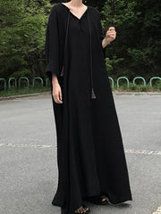 V-Neck Loose Solid Color Mid-Sleeve Maxi Dress