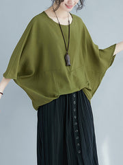 Round Neck Solid Color Bat Sleeve Loose Stitching Irregular T-Shirt