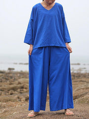 Blue V-neck Loose Comfortable Wide Leg Pants