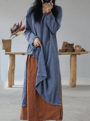 Vintage Solid V-Neck Split-Side Button Dress