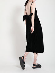 Open Back Big Bow Velvet Suspender Midi Dress