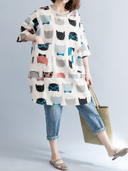 Women Literary Loose Print Short Sleeve T-Shirt