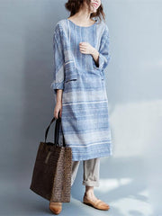 Blue Striped Linen Loose Long Dress