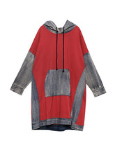 Women Loose Denim Stitching Hooded Midi Dress