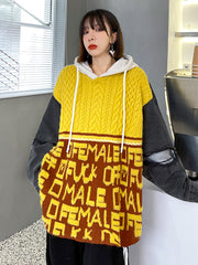 Retro Hooded Loose Sweater Stitching Denim Contrast Hole Sweatshirt