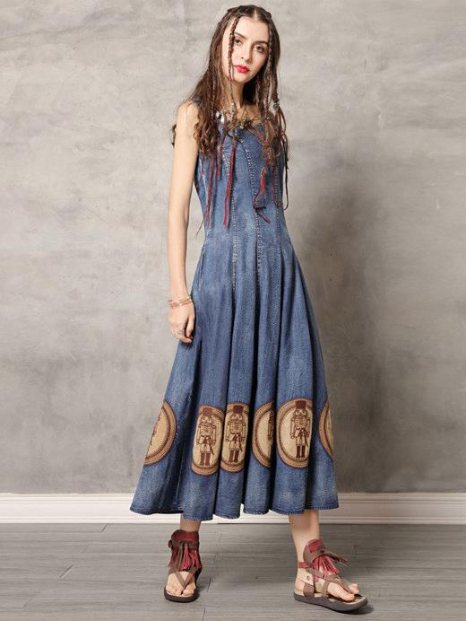 Vintage Embroidered Denim Vest Dress