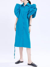Puff Sleeve Loose Pleated Lapel Casual Dress