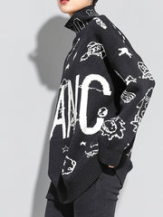 Women Printed Turtleneck Bat Shirt Sweater