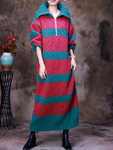 Lapel Color-Blocking Striped Knitted Sweater Dress