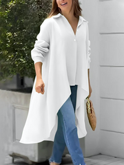 High-Low Long Sleeves Buttoned Solid Color Lapel Collar Blouses&Shirts Tops