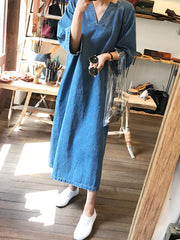 Three-Quarter Sleeves V-Neck Denim Midi Dress