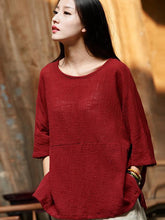 Burgundy&Purple Round-neck Ramie Cotton T-shirt