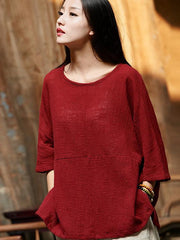 Burgundy&Purple Round-neck Ramie Cotton T-shirt