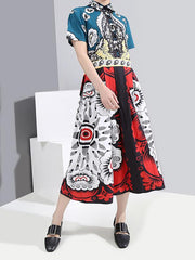 Vintage Print Short Sleeve Loose Midi Dress