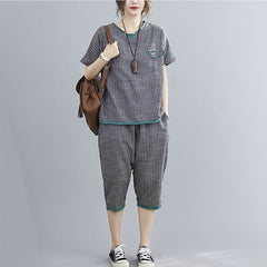 Women Casual Short Sleeve Harem Pants Striped Suit