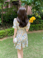 Sweet V-Neck Drawstring Ruffle Floral Mini Dress