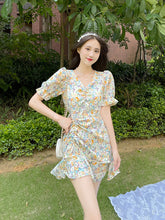 Sweet V-Neck Drawstring Ruffle Floral Mini Dress