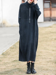 Women High Collar Thick Loose Casual Dress
