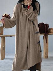 Women Retro Disc Button Solid Color Casual Dress