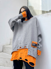 Contrasting Color Long-Sleeved Ripped Loose Sweatshirt