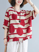 V-Neck Stripe Print Short Sleeve T-Shirt Tops