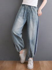 Retro Floral Embroidered Contrast Denim Casual Pants