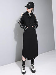 Cold shoulder Drawstring Split-back Sweatshirt Midi Dress