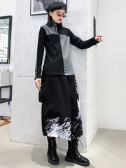 High-Waist Painted Graffiti Splicing A-Line Skirt