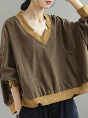 Casual V-Neck Stitching Plus Size All-Match Long Sleeve Top