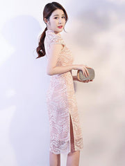 Apricot Lace See-through Split-side Short Cheongsam