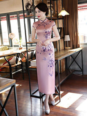 Light Purple Flower Print Stand-collar Long Cheongsam