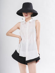 White Pleated Cropped Sleeveless Shirt