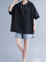 Loose Hooded Breasted Drawstring T-Shirt